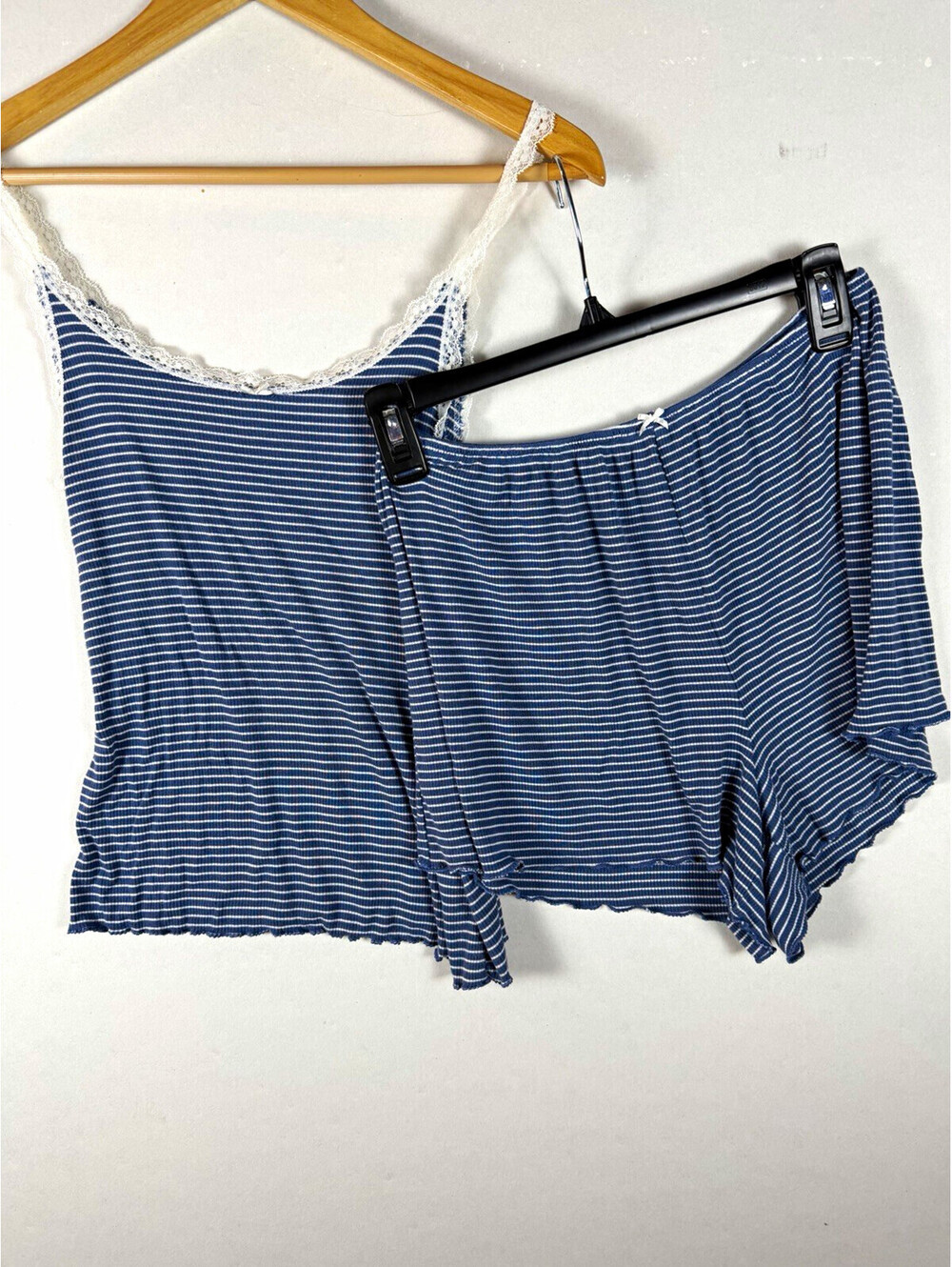 Aerie Blue White Striped Knit Lace Trim Scoop Neck Cami & Shorts Pajama S
